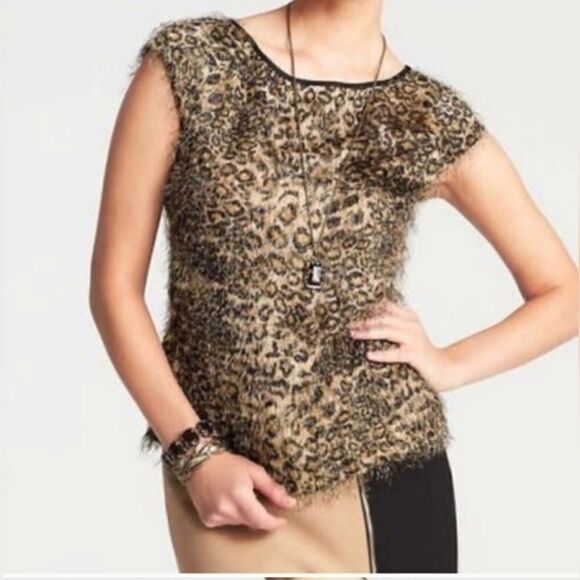 ANN TAYLOR Animal Print Feather Top - Size 12P - Picture 1 of 10